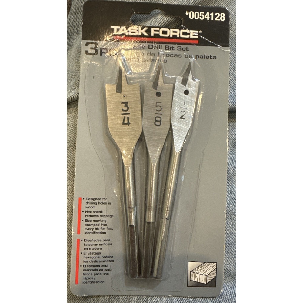 Task Force 0054128 - 3 Piece Wood Boring Spade Drill Bit Set - 3/4", 5/8" & 1/2"